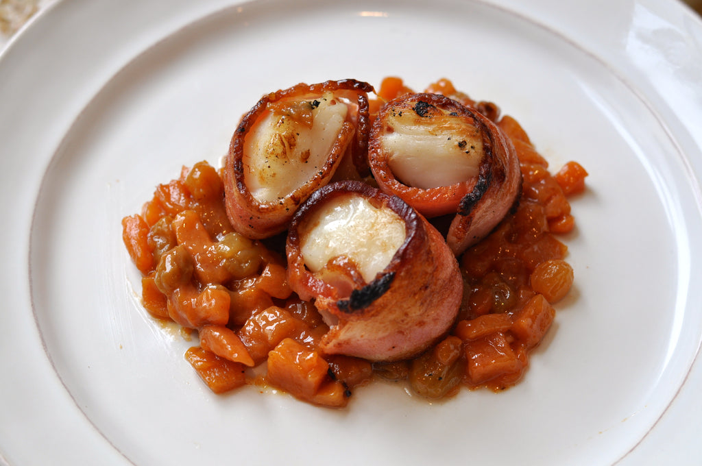 Bacon-Wrapped Scallops with Persimmon Chutney