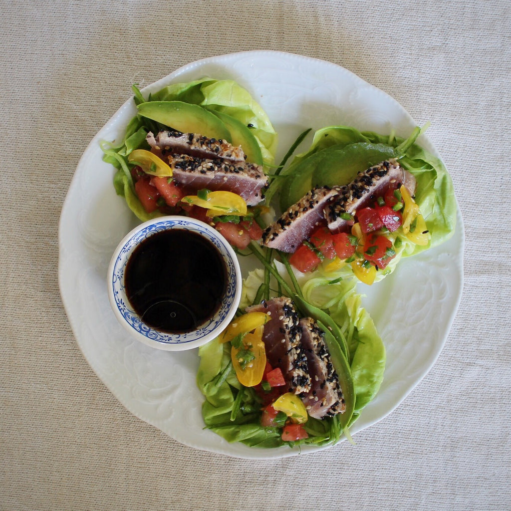 Seared Ahi Lettuce Cups with Watermelon Salsa and Avocado