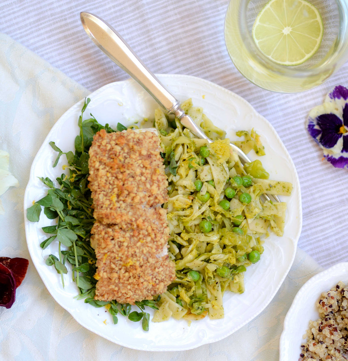 Walnut Crusted Halibut with Spring Fettuccine with Pesto and Brussels