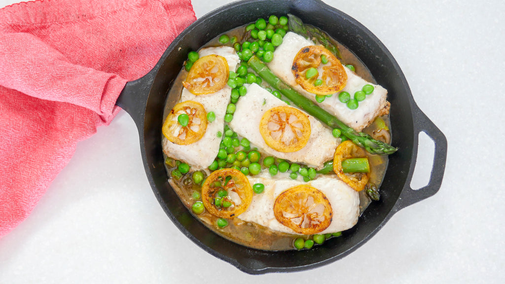 White Wine Braised Halibut with English Peas and Asparagus