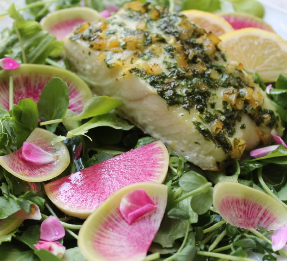 Lemony Halibut with Watercress Radish Salad