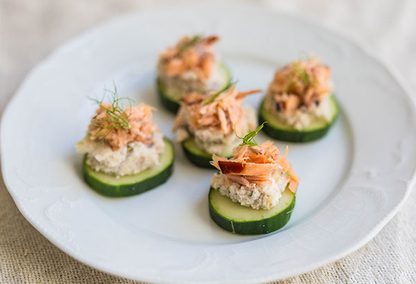 Cucumber Rounds with Smoked Salmon and Lemon Caper Macadamia Ricotta