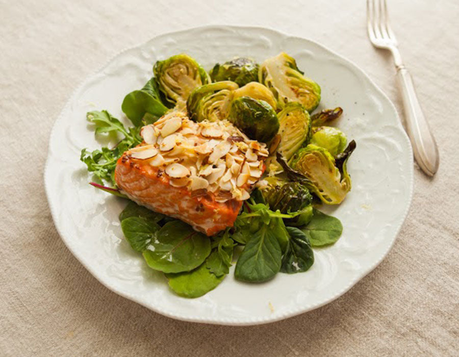Almond Crusted Salmon with Roasted Brussel Sprouts