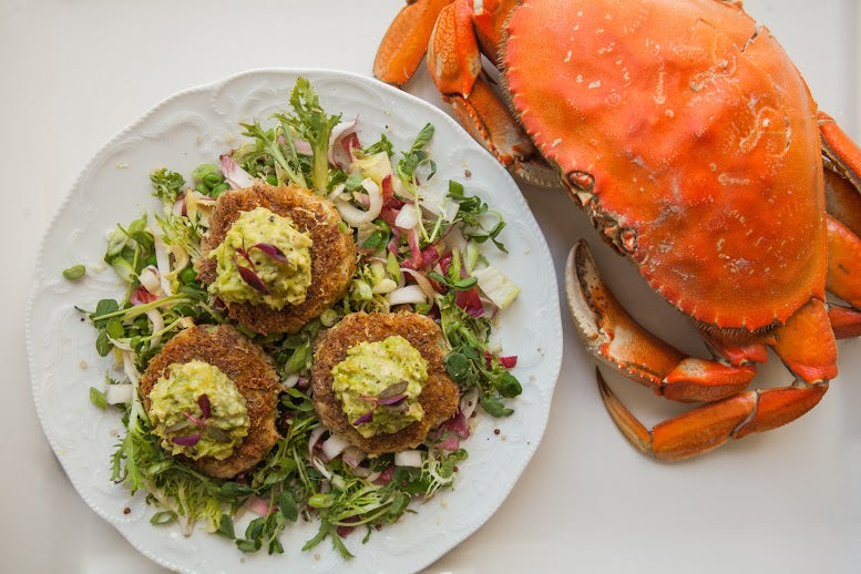 California Crab Cakes with Avocado Pea Puree over Frisee and Endive Salad