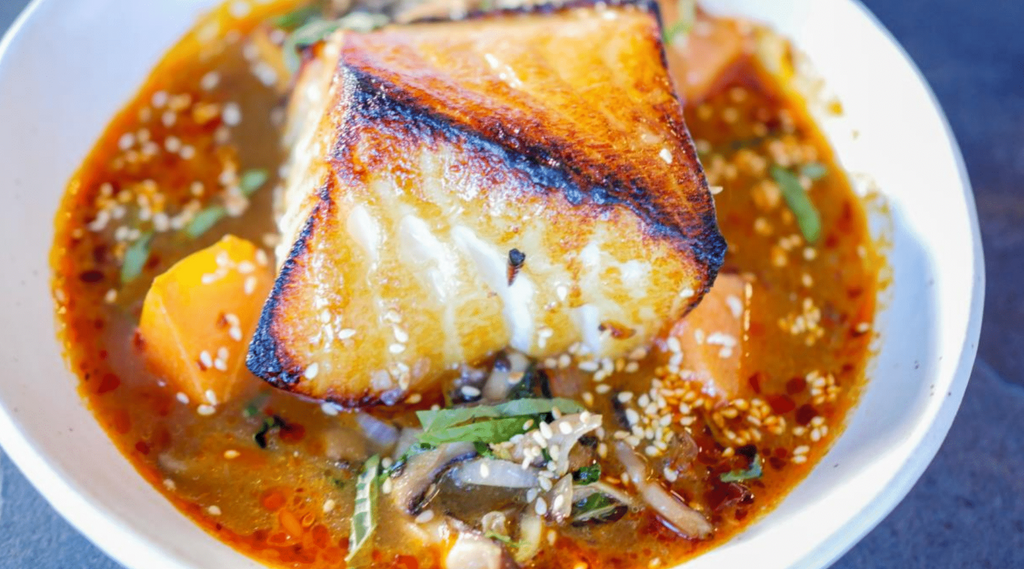 Broiled Sea Bass with Black Garlic Sauce and Shitake Mushrooms