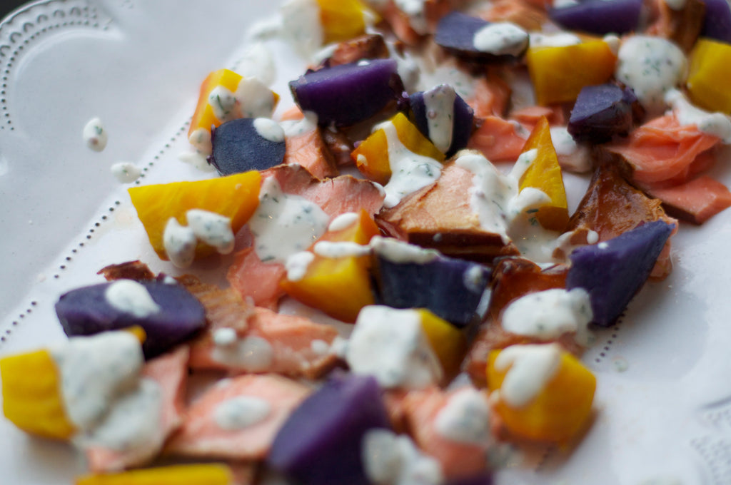 Sugar Smoked Salmon with Purple Potatoes, Beets and Horseradish Yogurt
