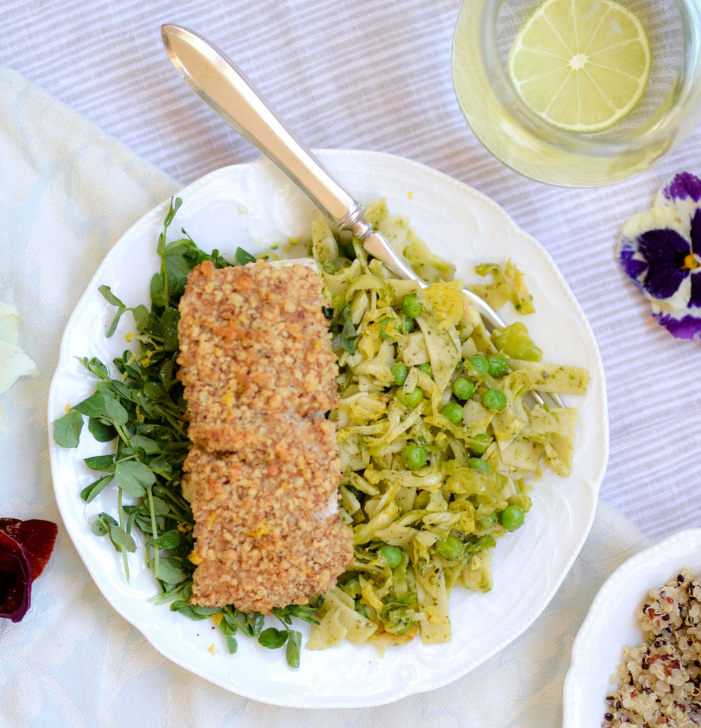 Walnut Crusted Halibut with Spring Fettuccine with Pesto and Brussels Sprouts