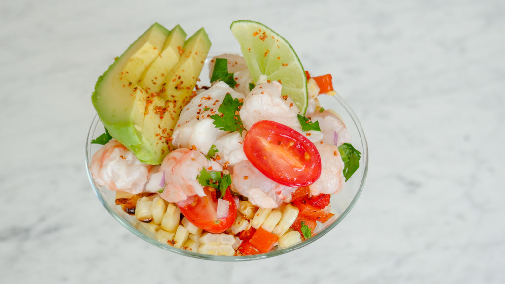 Halibut and Spot Prawn Ceviche with Corn Salad