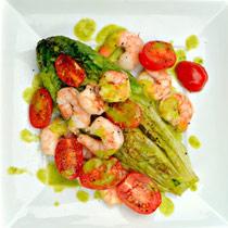 Grilled Romaine Hearts, Tomatoes And Shrimp With A Basil Vinaigrette