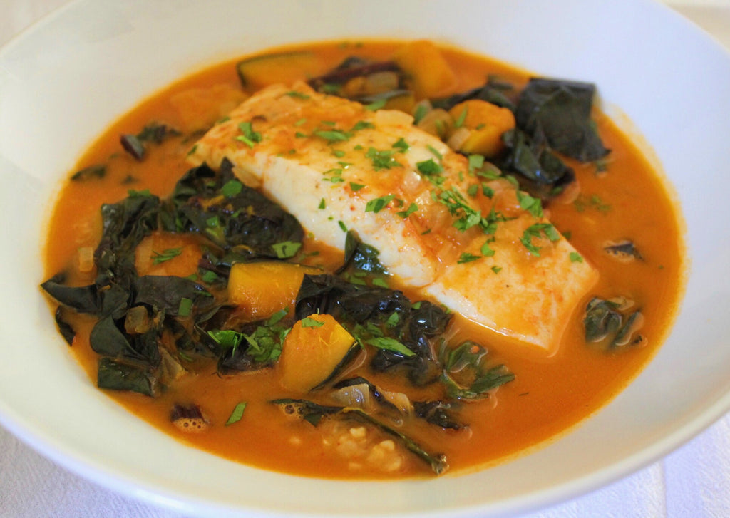 Poached Halibut and Kabocha Squash in Tomato Curry Broth